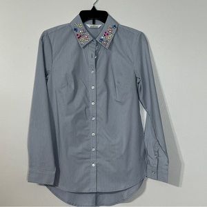 Lemon Way Blue/White Striped Button-Down Shirt Bedazzled Collar